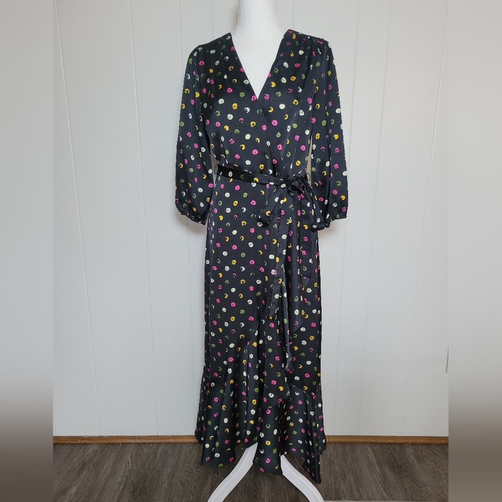 Sam Edelman Polka Dot Satin Wrap Dress Midi Multi Color & Black Tie Waist 6